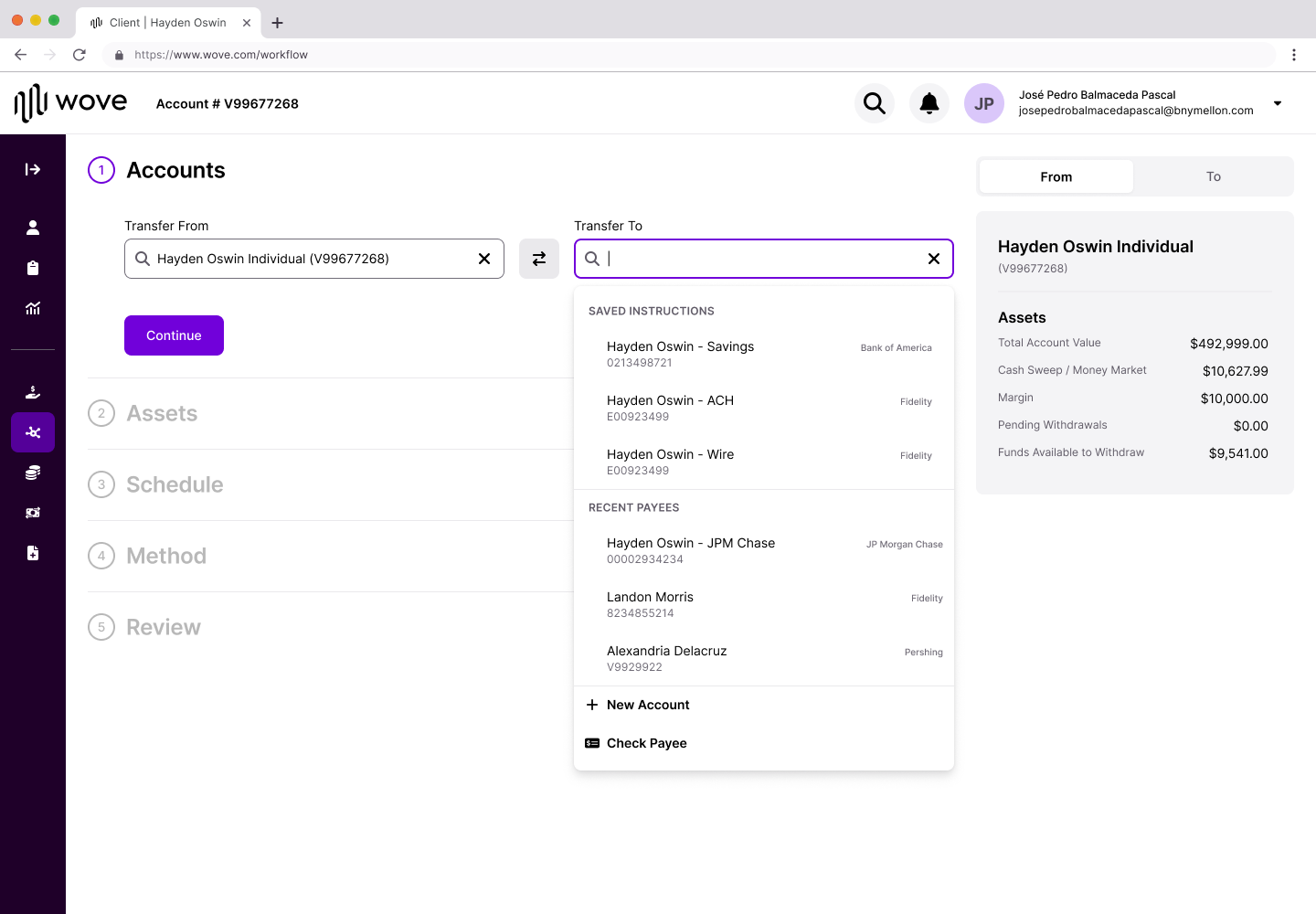 Transfer To dropdown showing Saved Instructions and Recently Used sections for quick re-use